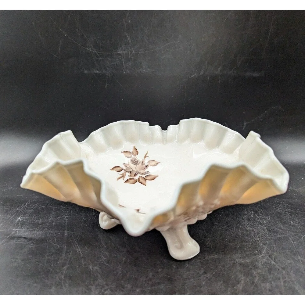 Vintage Fenton Beige & Brown flowers Hand-Painted Candy Dish Bowl Footed 8